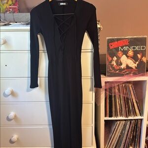 Reformation Edison Ribbed Knit Midi Dress Black Fitted Taylor Swift Laceup Sexy